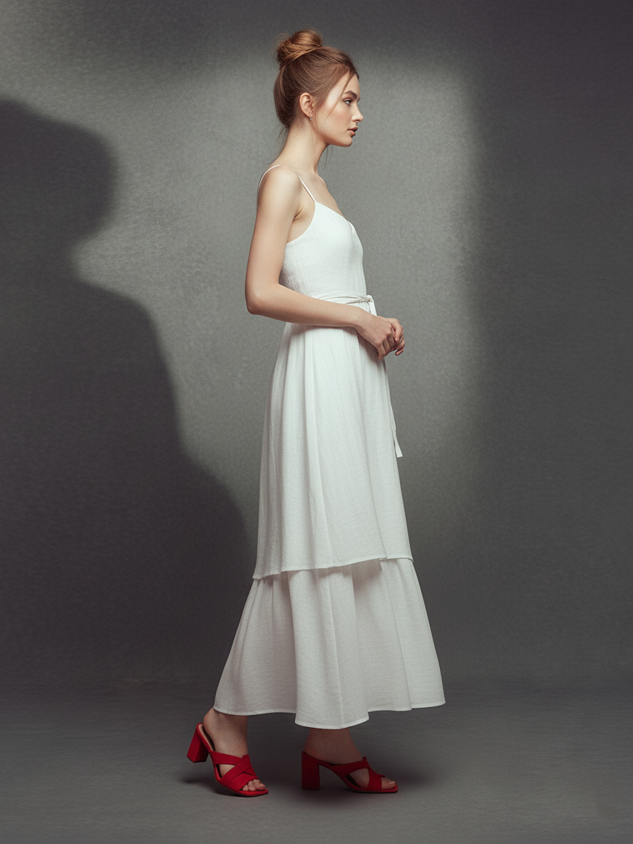 Women's Romantic Chiffon White Spaghetti-Strap Tie-Waist Tiered Midi Dress MDA2410L3AU