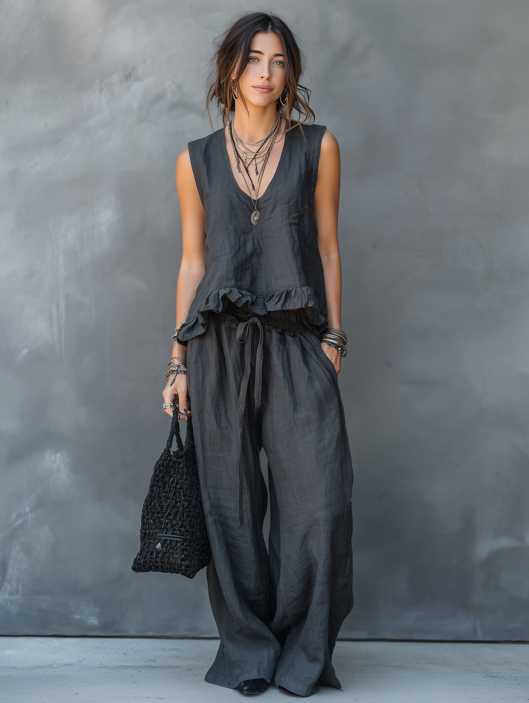 Women's Casual Dark Gray Cotton-linen Blend Round Neck Sleeveless Top Paired With Trousers Set MDZ0327C4AN