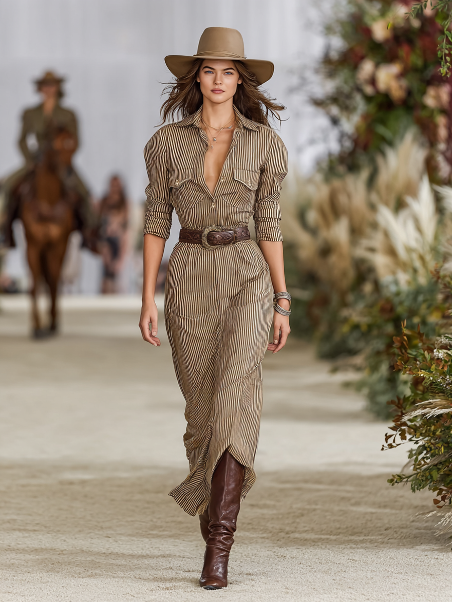 Women's Striped Lapel Single-breasted Long-sleeved Waist Maxi Dress (without Belt)MDA1846G0Y