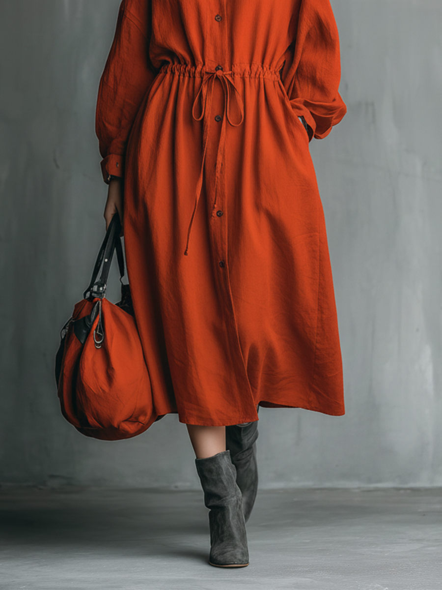 Women's Red Cotton Linen Drawstring Belt Long-Sleeved Shirt Midi Dress MDA2009K6T
