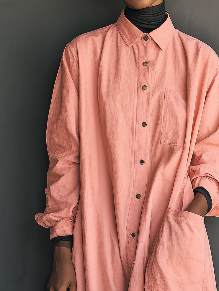 Women's Fashionable And Casual Pink Loose-fitting Long-sleeved Shirt Dress With Pockets On Both Sides MDA1542K4AN