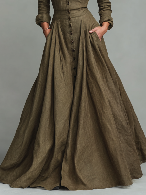Women's Vintage Cotton And Linen Blended Shirt Floor-Mounting Maxi Dress MDA3058G3Y