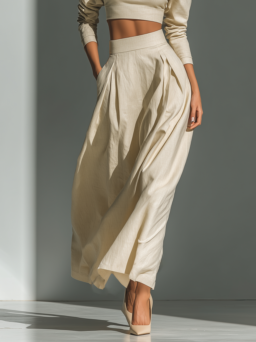 Women's Beige Linen Blend Fabric Turtleneck Cutout Puff-Sleeve Crop Top & Pleated Maxi Skirt Set MDA1189L0T