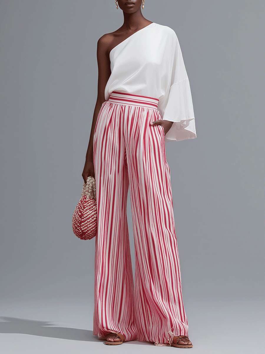 Women's One Shoulder Asymmetrical High Waist Chiffon Wide Leg Two-piece Set MDA3053G5I