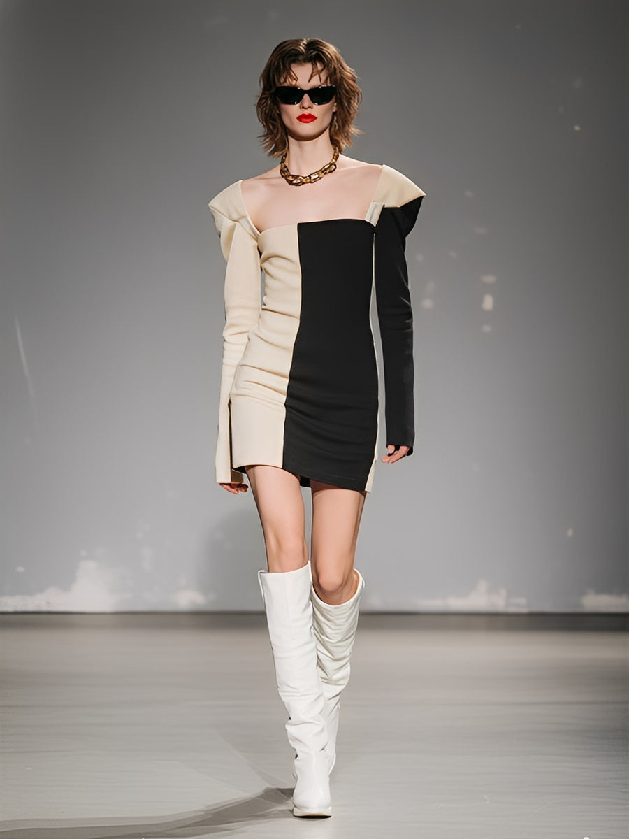 Women's Black & Ivory Knitted Mini Dress With Color-Block Silhouette & Structured Shoulders, Modern Statement Style Dress MDA0409K3I