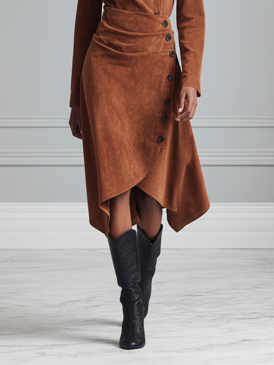 Women's Tan Faux Suede Asymmetrical Top And Wrap Midi Skirt Set MDA1112L5T