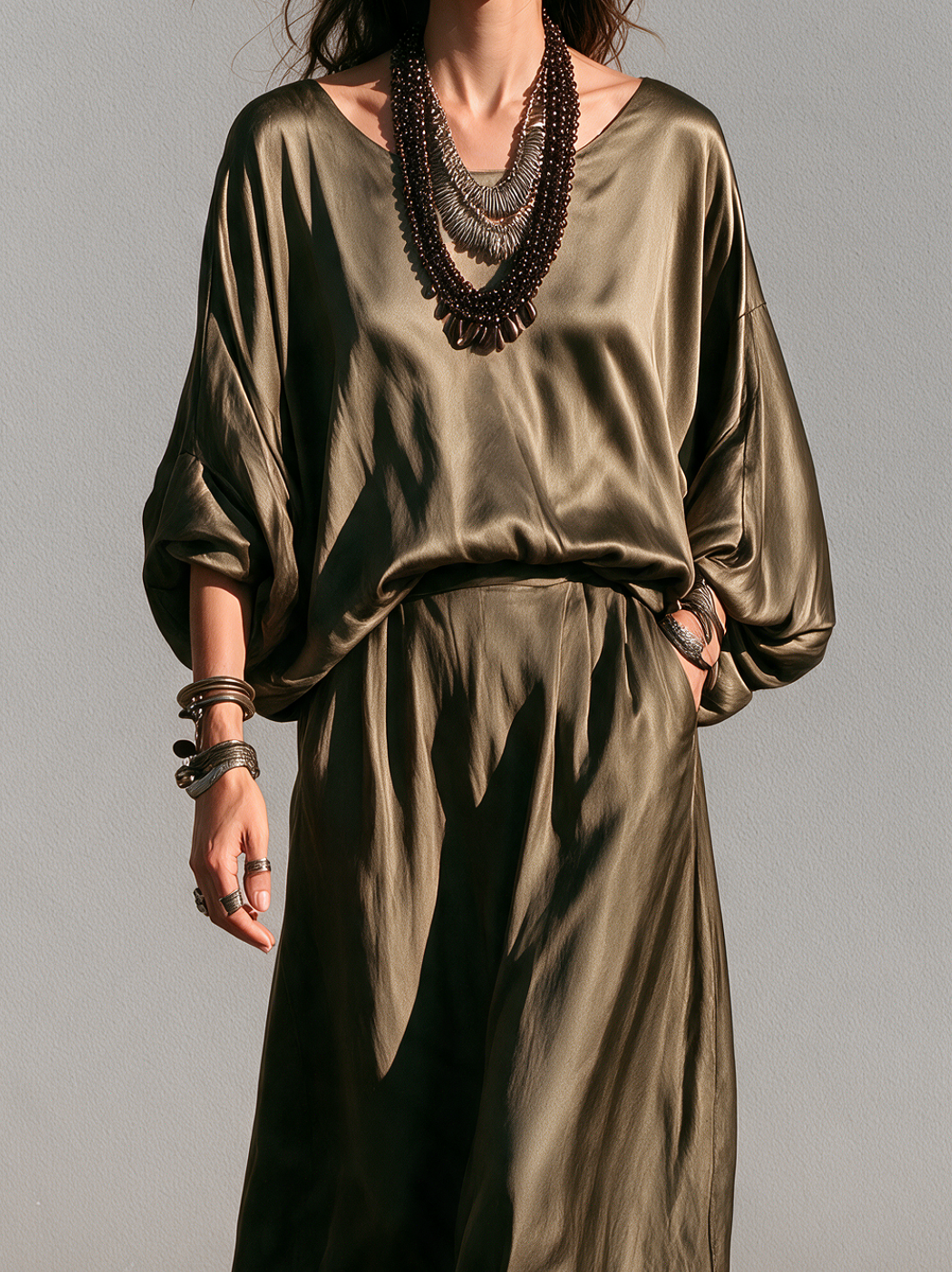 Women's Casual Olive Green Satin Long-Sleeve Top And Trousers Two-Piece Set MDZ0144I4LXY