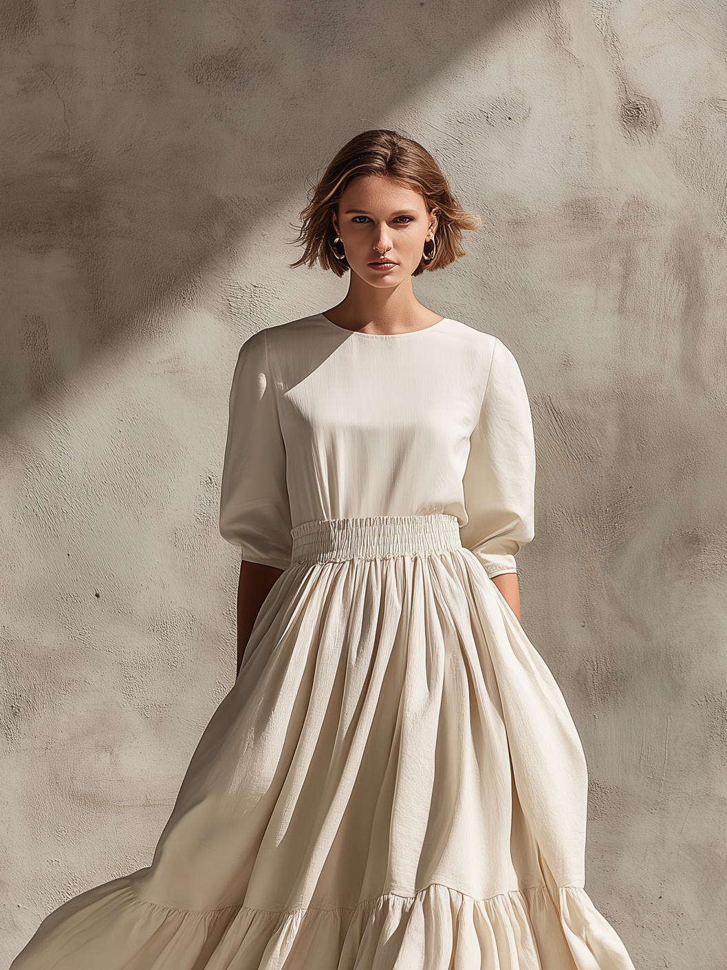 Women's Elegant, Natural-colored Cotton And Linen Blend Round-neck, Short-sleeved, Loose-fitting Long Dress MDZ1463A4AN