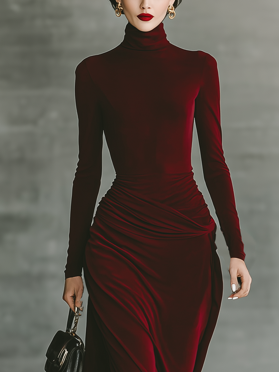 Women's Burgundy Velvet High Neck Slim Fit Maxi Dress MDA2425J1T