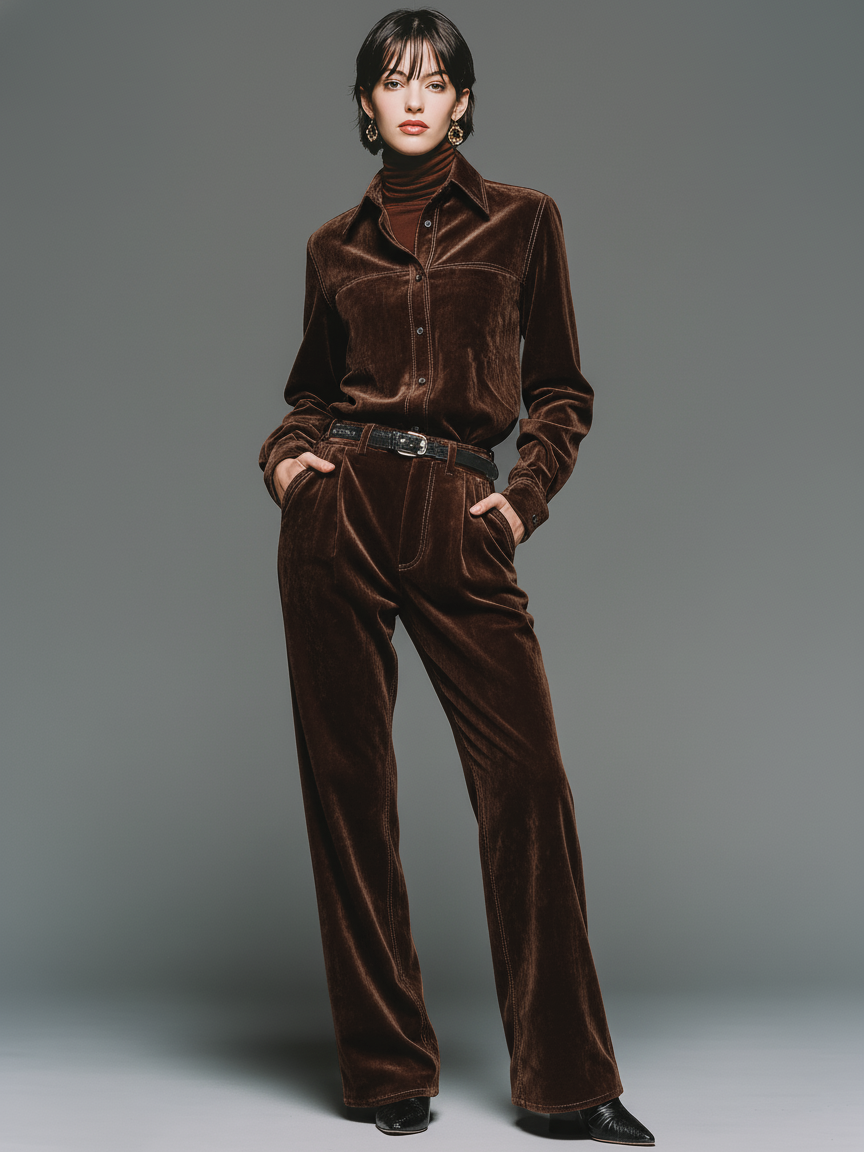 Women's Minimalist Velvet Shirt And Straight-leg Trousers Set (belt Not Included) MDA2488K9Y