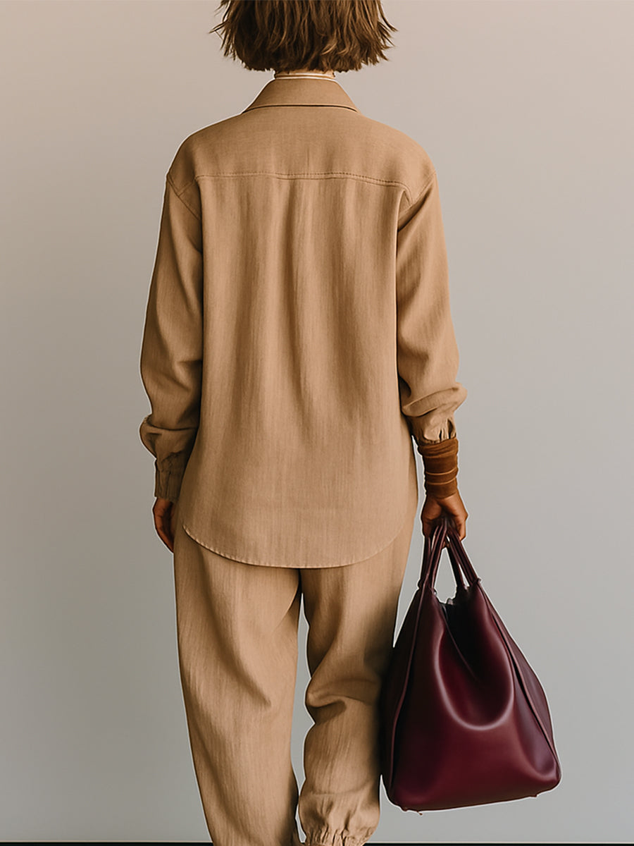 Women‘s Casual Long Sleeves Linen Shirt And Pants Two-piece Set MDA2486G5I