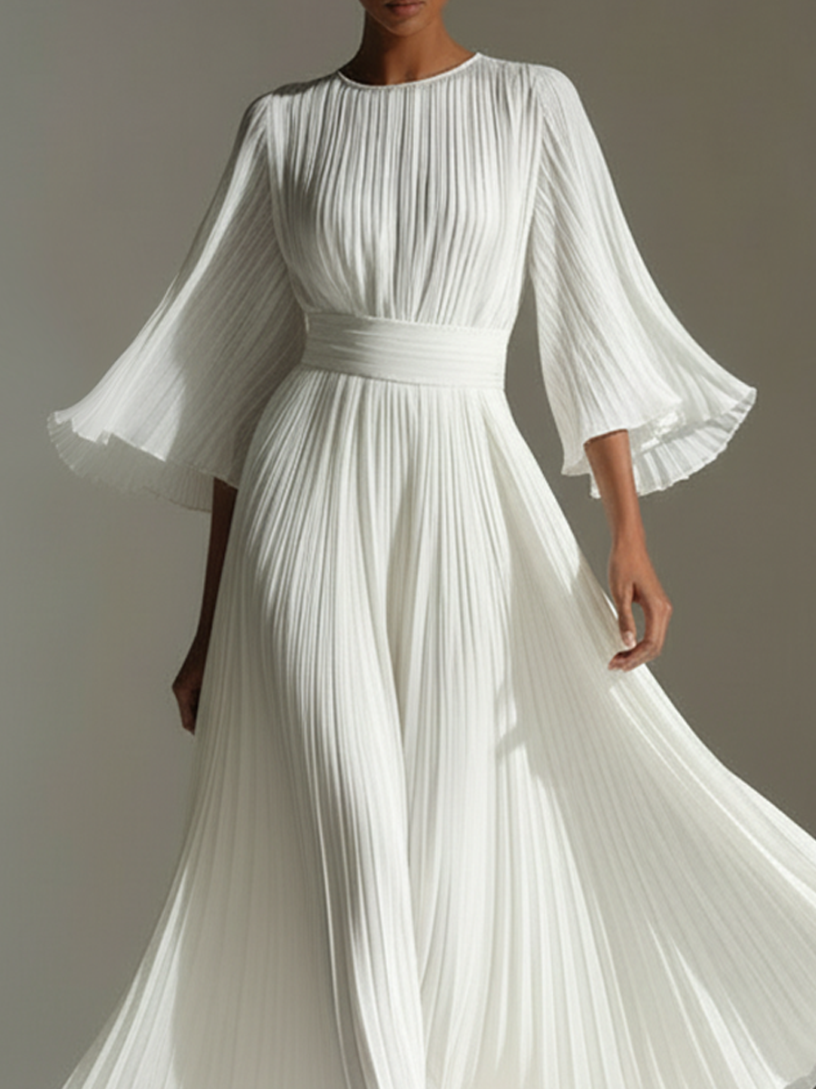 Women's White Round Neck Flared Sleeve Pleated Long Dress MDA1801L1AP