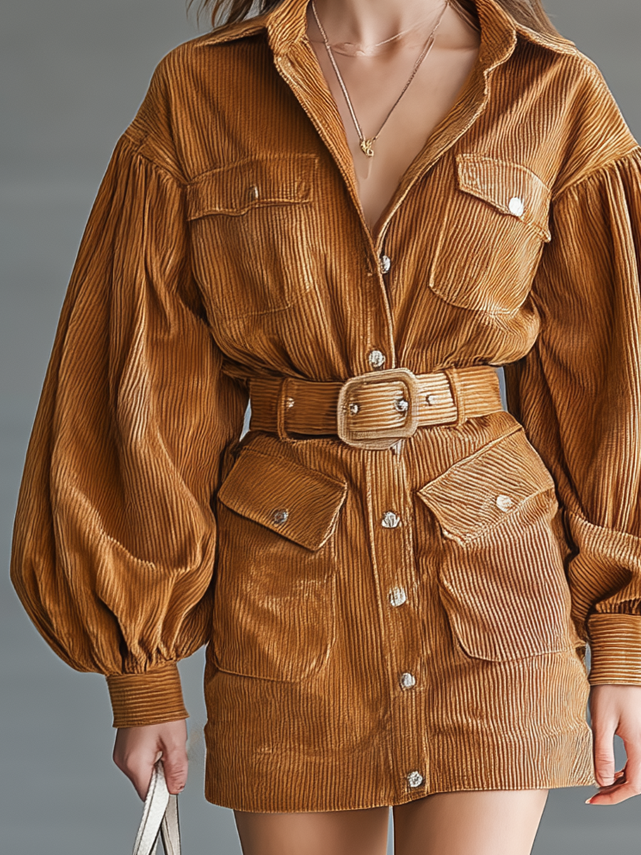 Women's Caramel Corduroy Shirt Collar Puff Sleeve Mini Dress MDA2584J6T