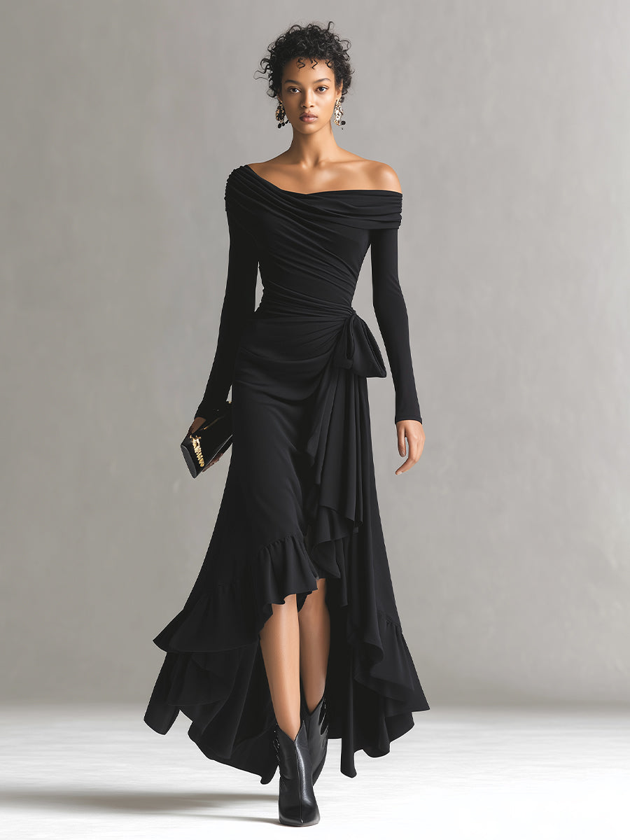Women's Black Silky Cotton-Blend Dress With Off-the-Shoulder Neck & Ruffled Hem, Glamorous Evening Maxi Dress MDA0832L4I