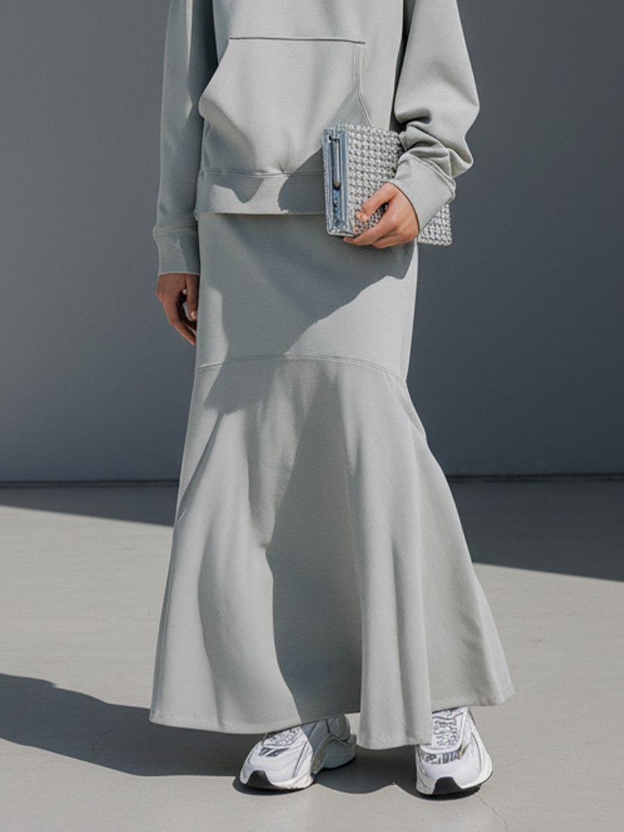 Women's Light Gray Fleece Fabric Oversized Mock-Neck Hoodie & Mermaid Maxi Skirt Set MDA1193L1T