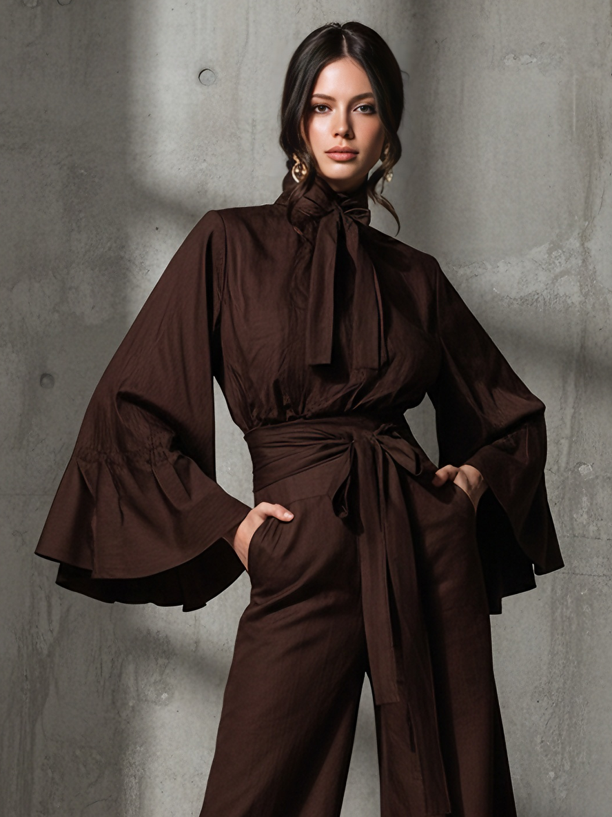 Women's Chic Linen-Blend Chocolate Brown Tie-Neck Flared-Sleeve Wide-Leg Pants Set MDA1644L1AU