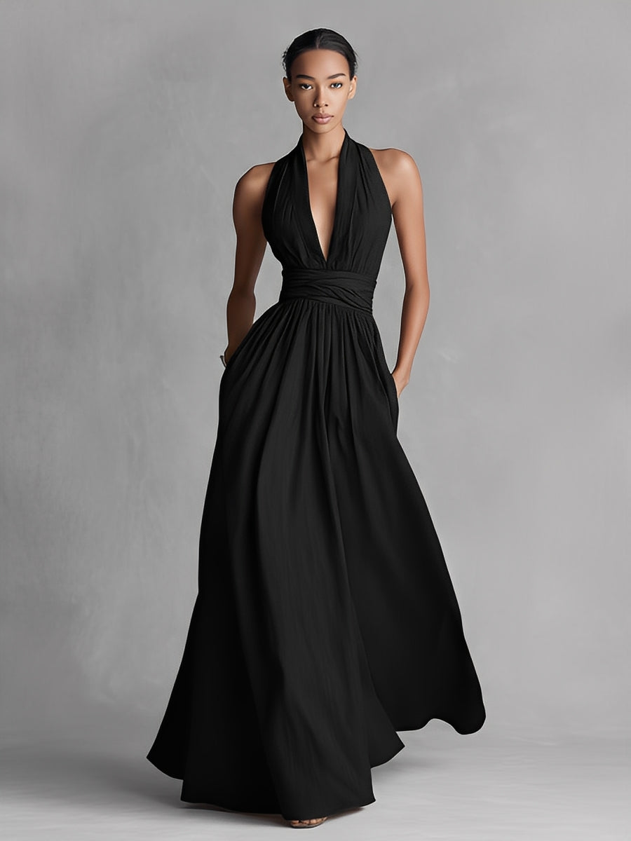 Women's Black Woven Dress With Halter Neck & Deep V Detail, Timeless Sleek-Elegant Style Dress MDZ1239A6I
