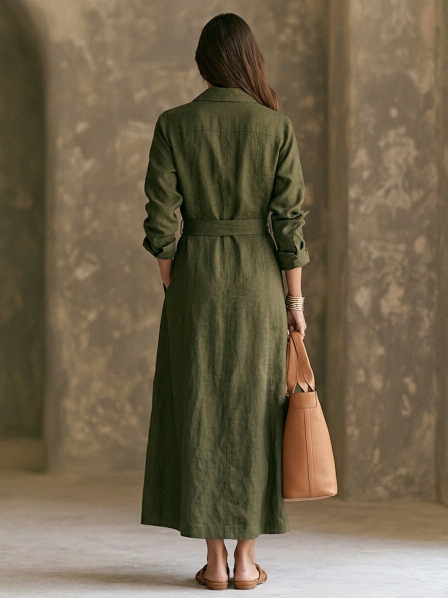 Women's Trench-Style Cotton-Blend Long Dress With Lapel And Belt MDZ0356H9ZRK