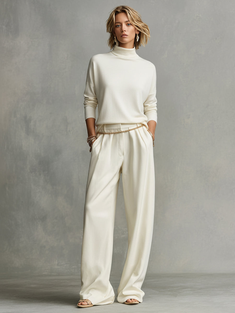 Women's Cream Soft Knit Chic Turtleneck Top & Flowy Wide-Leg Pant Set MDA0185K5I