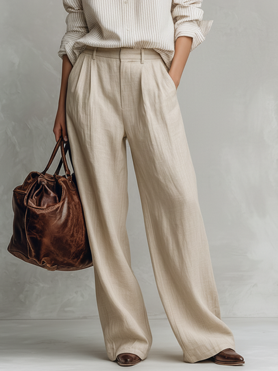 Women's Minimalist Striped Stand-collar Long-sleeved Cotton And Linen Straight-leg Pants Set MDA2781K7Y