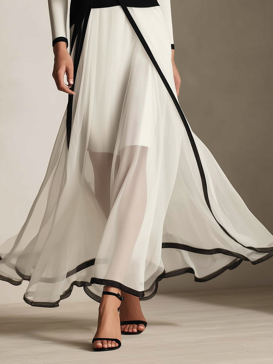 Women's Black And White Contrast Detachable Bow Chiffon Maxi Dress MDA1644L7I
