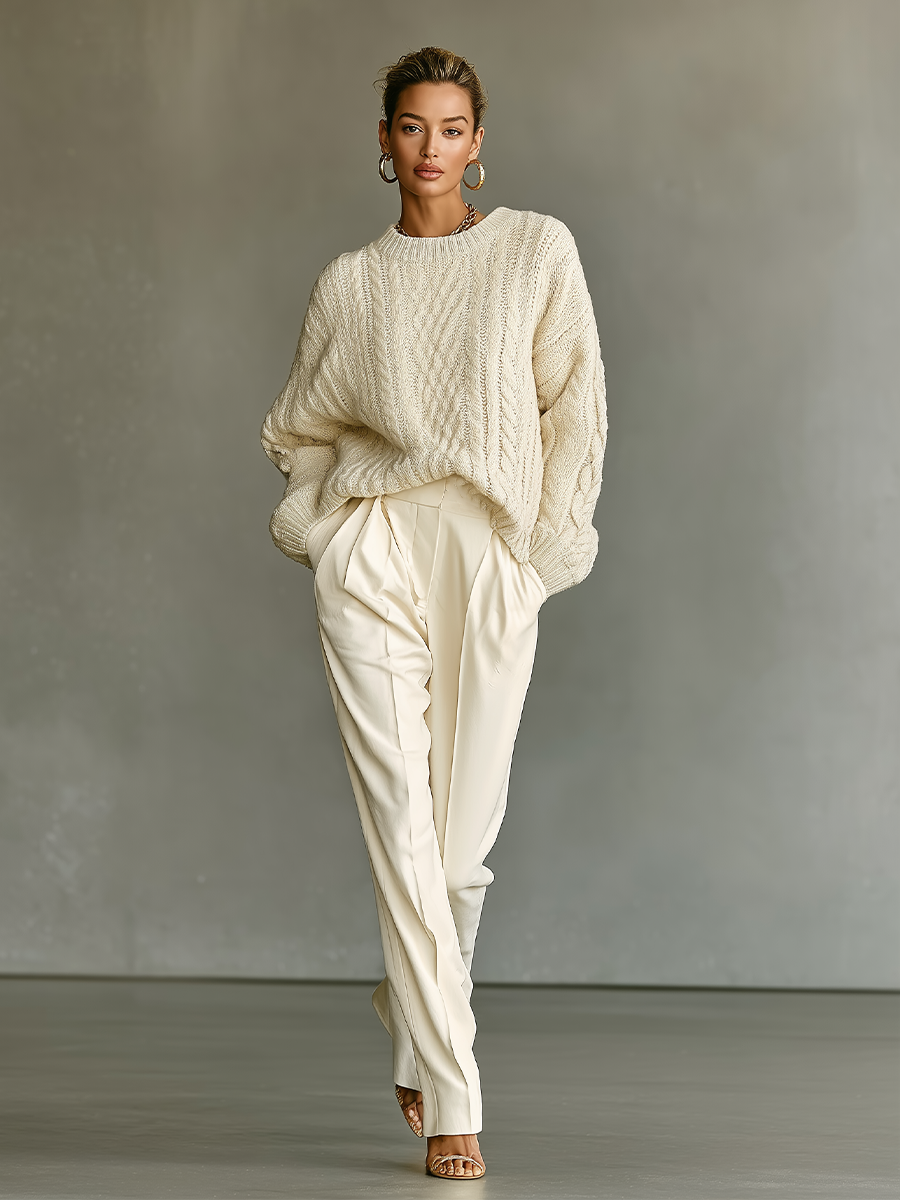 Women's Cream Classic Cable - Knit Oversized Sweater And Tailored Pants Set MDA1695I3I