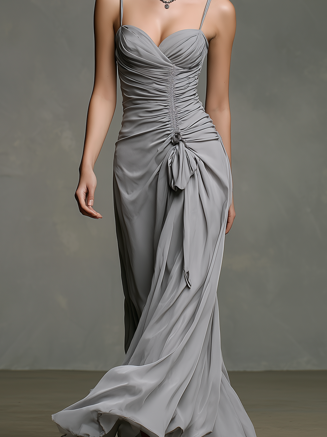 Women's Fashionable Gray Chiffon Sleeveless Maxi Dress With Ruched Waist MDZ0614A9AN