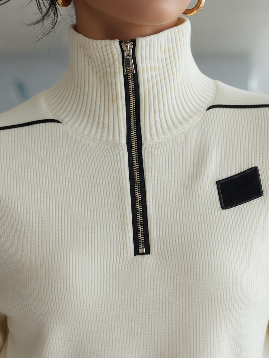 Women's Casual Ribbed Black Trim Zipper Half Turtleneck Sports Set MDA2436I5Y