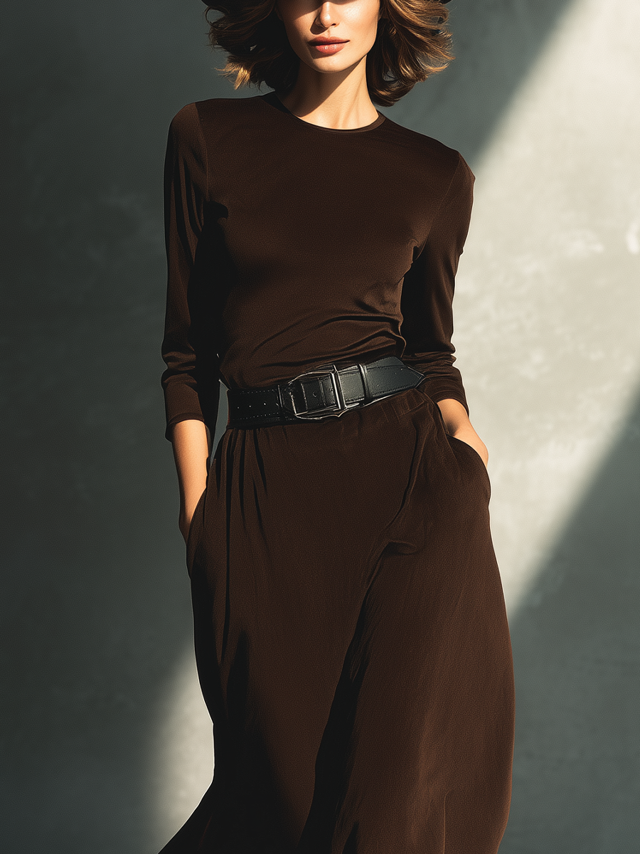 Women's Dark Brown Flowy Fabric Round Neck Fitted Waist Long Sleeve Maxi Dress MDA0529K2T