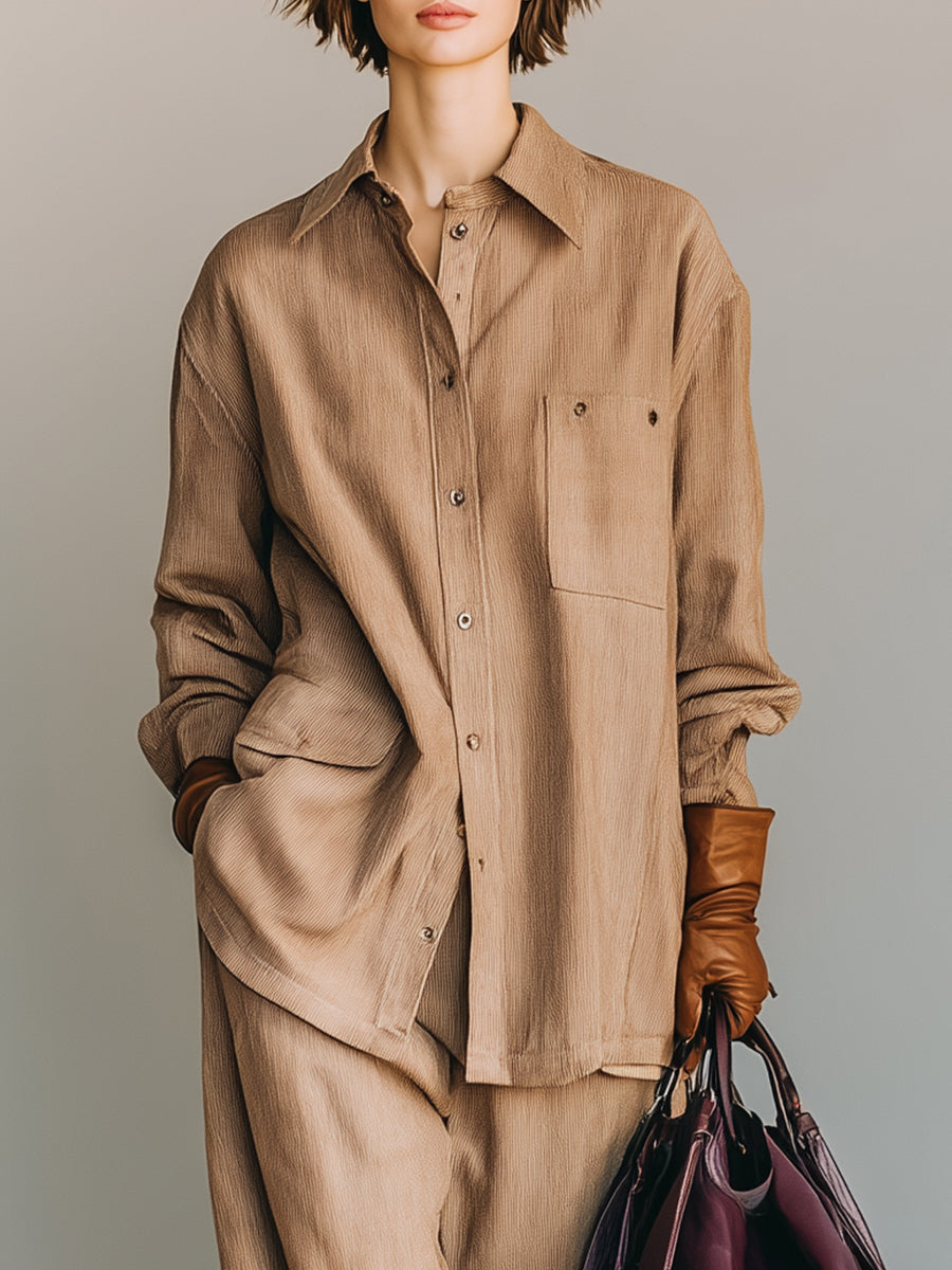 Women‘s Casual Long Sleeves Linen Shirt And Pants Two-piece Set MDA2486G5I