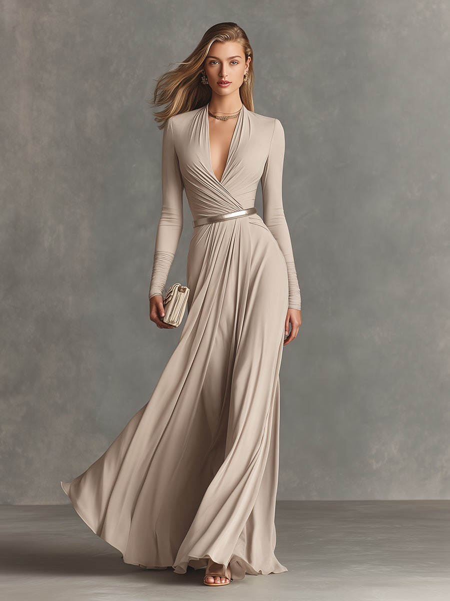 Women's Beige Smooth Fabric Elegant Ruched Wrap-Front Maxi Dress MDA2210K2I