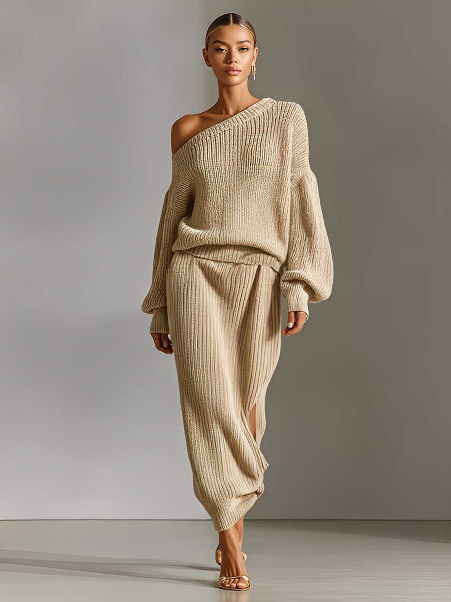 Women's Beige Ribbed Knit Elegant Set With Off-Shoulder Sweater & Midi Skirt, Luxe Casual Style Set MDA0431K7I