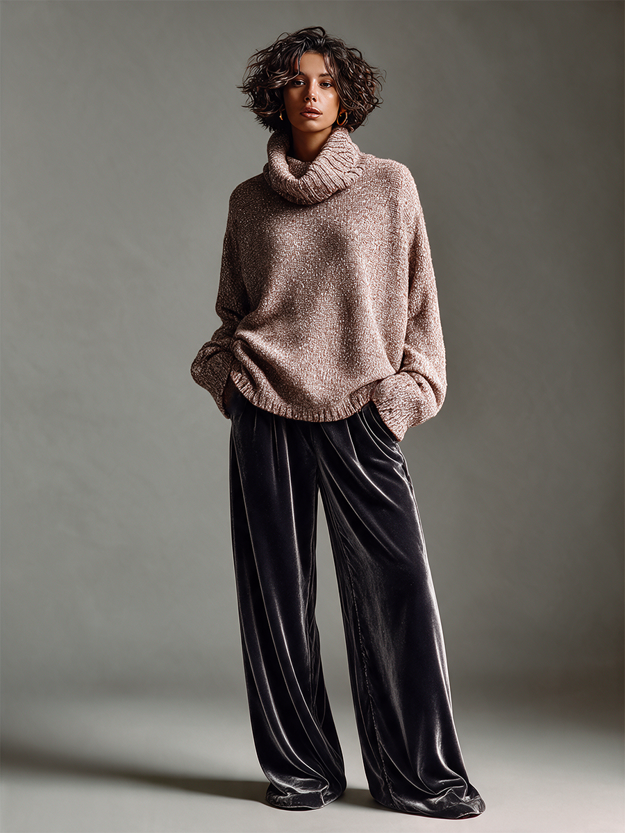 Women's Marled Knit Turtleneck & Velvet Wide Leg Pants Two-Piece Set