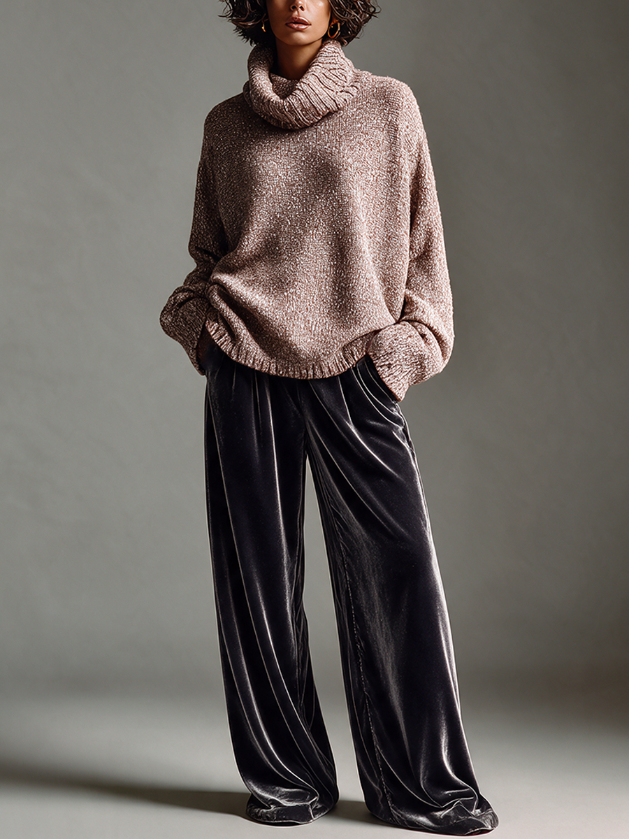 Women's Marled Knit Turtleneck & Velvet Wide Leg Pants Two-Piece Set