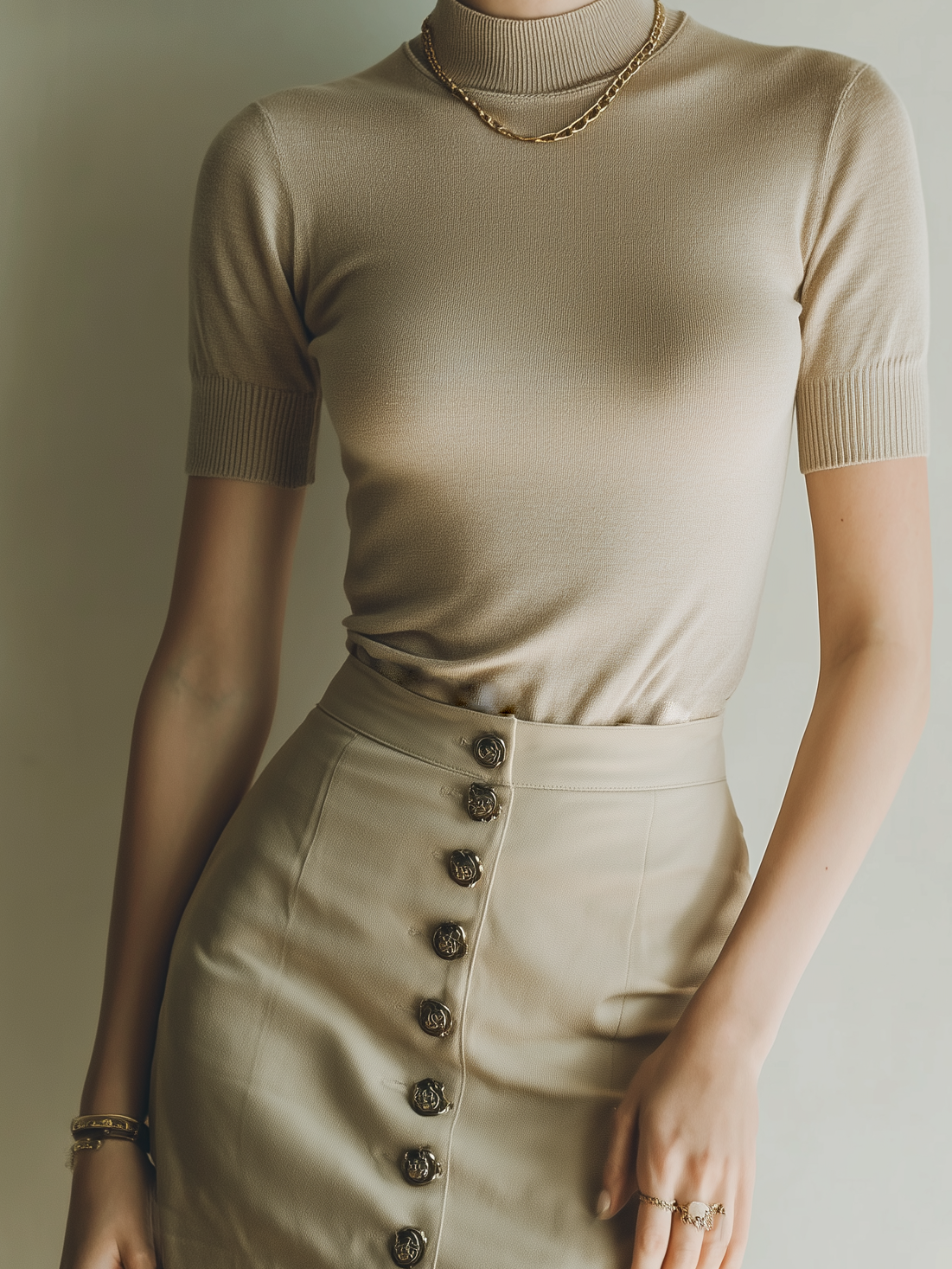 Women's Fashionable And Casual Khaki Knit Short-sleeved Round Neck Top Paired With A Woven Matching Khaki Mini Skirt MDA2420K5AN