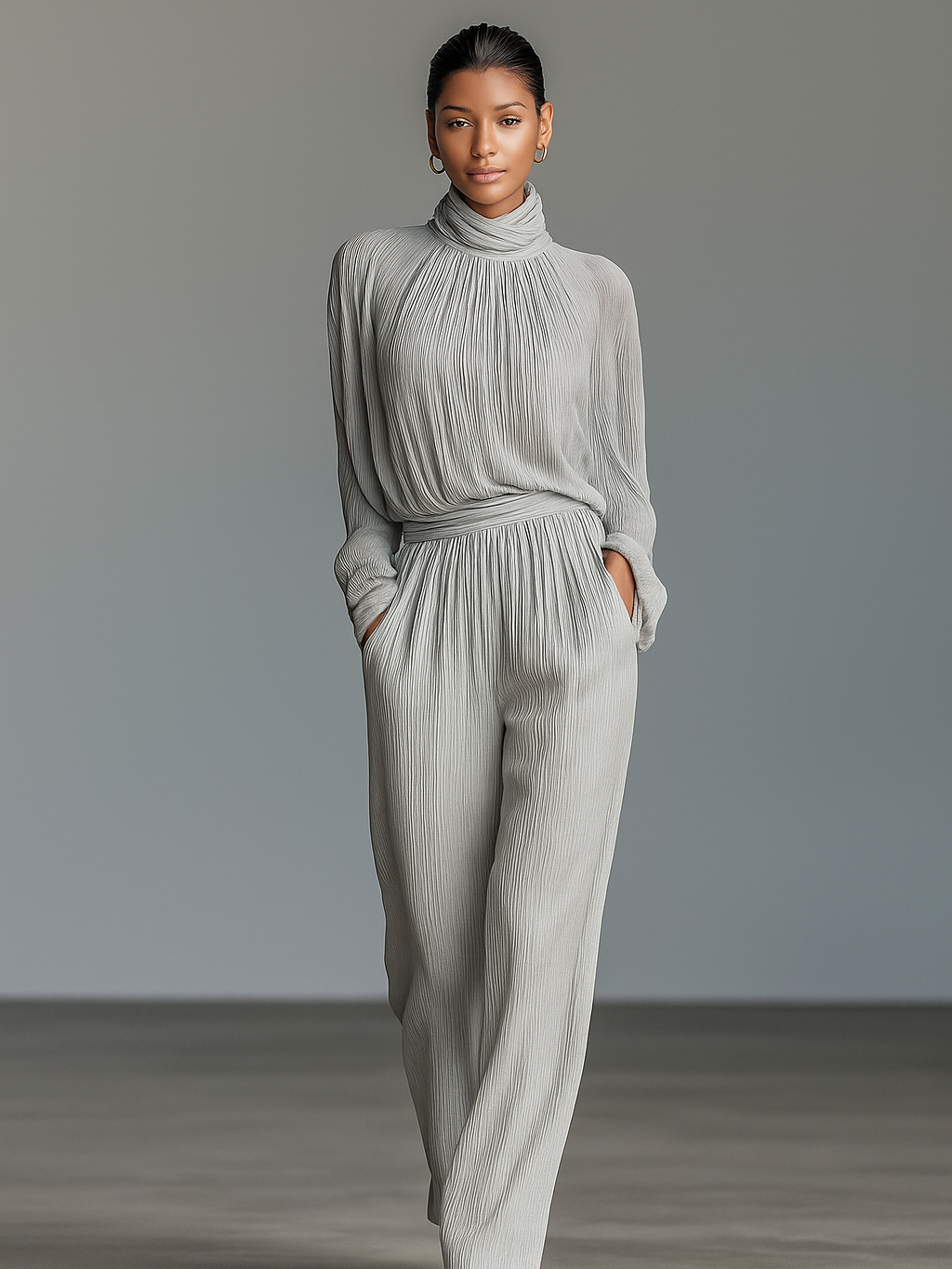 Women's Fashionable And Casual Gray Pleated Long-sleeved Turtleneck Top Paired With Wide-leg Trousers Of The Same Fabric MDA2418K8AN