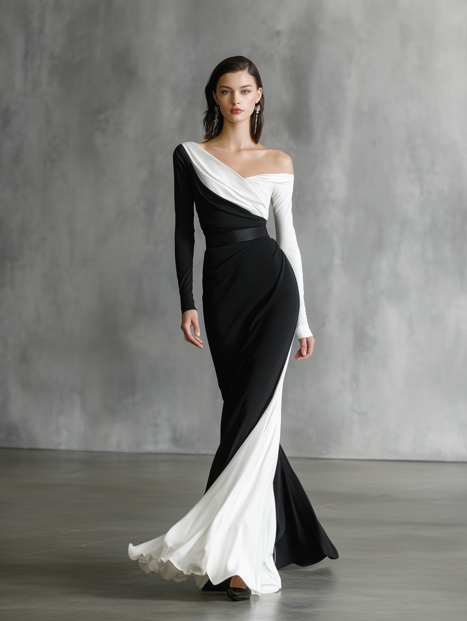 Women's Black - White Classic Jersey Asymmetric One - Shoulder Maxi Dress MDA2187J2I