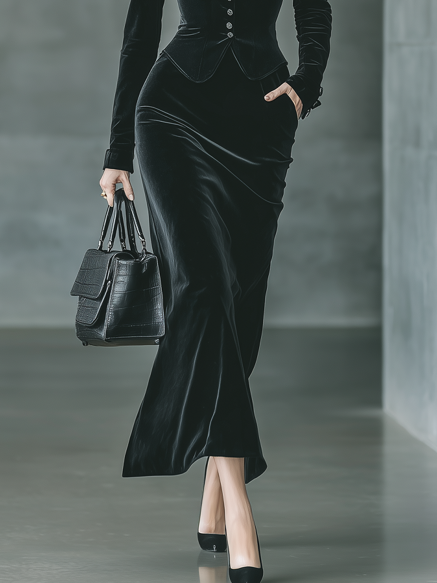 Women's Black Velvet Top And Skirt Set MDA1513H9T