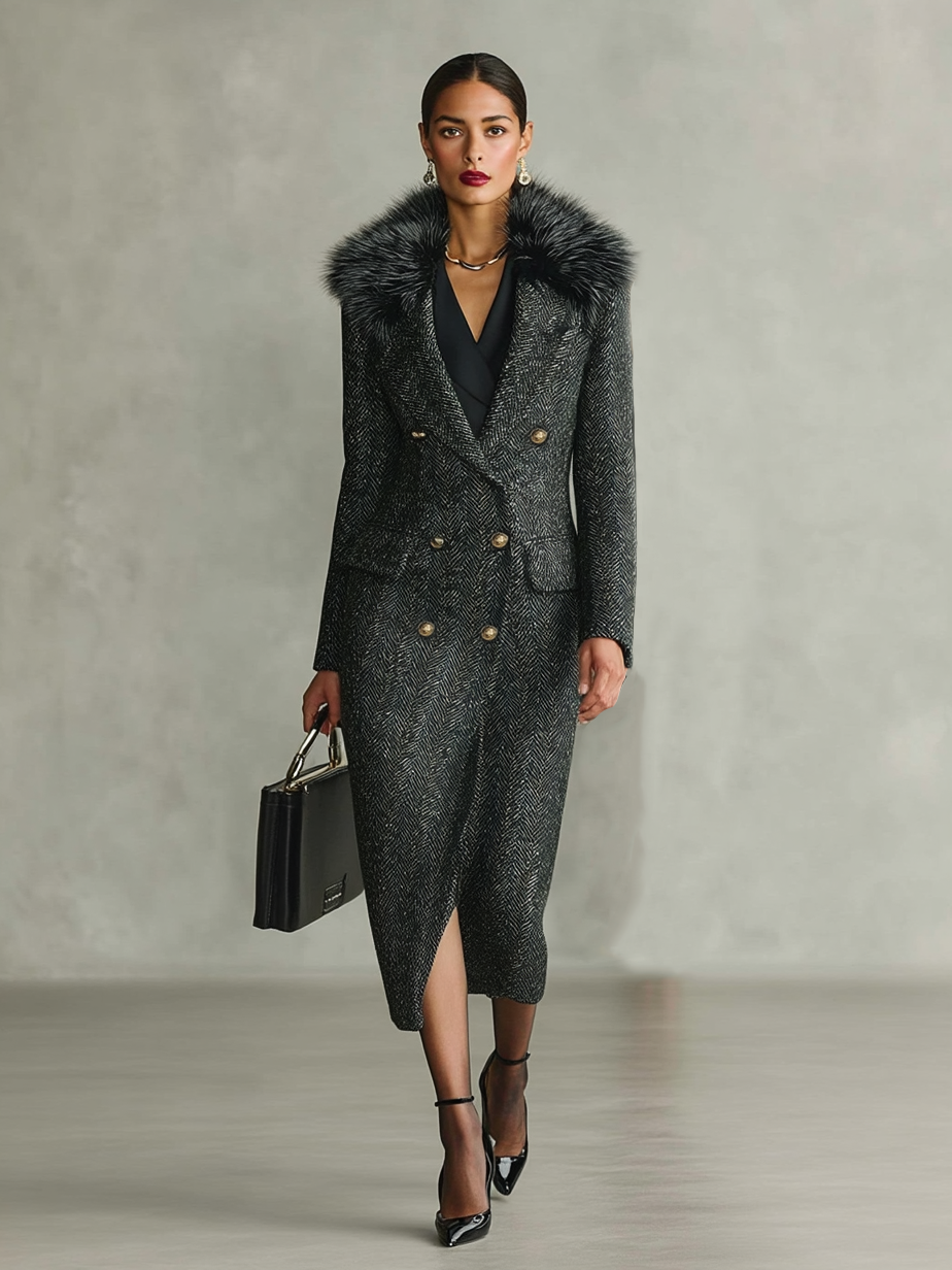 Women's Minimalist Herringbone Blend Detachable Fur Collar Double-breasted Long Coat MDA2844I9Y