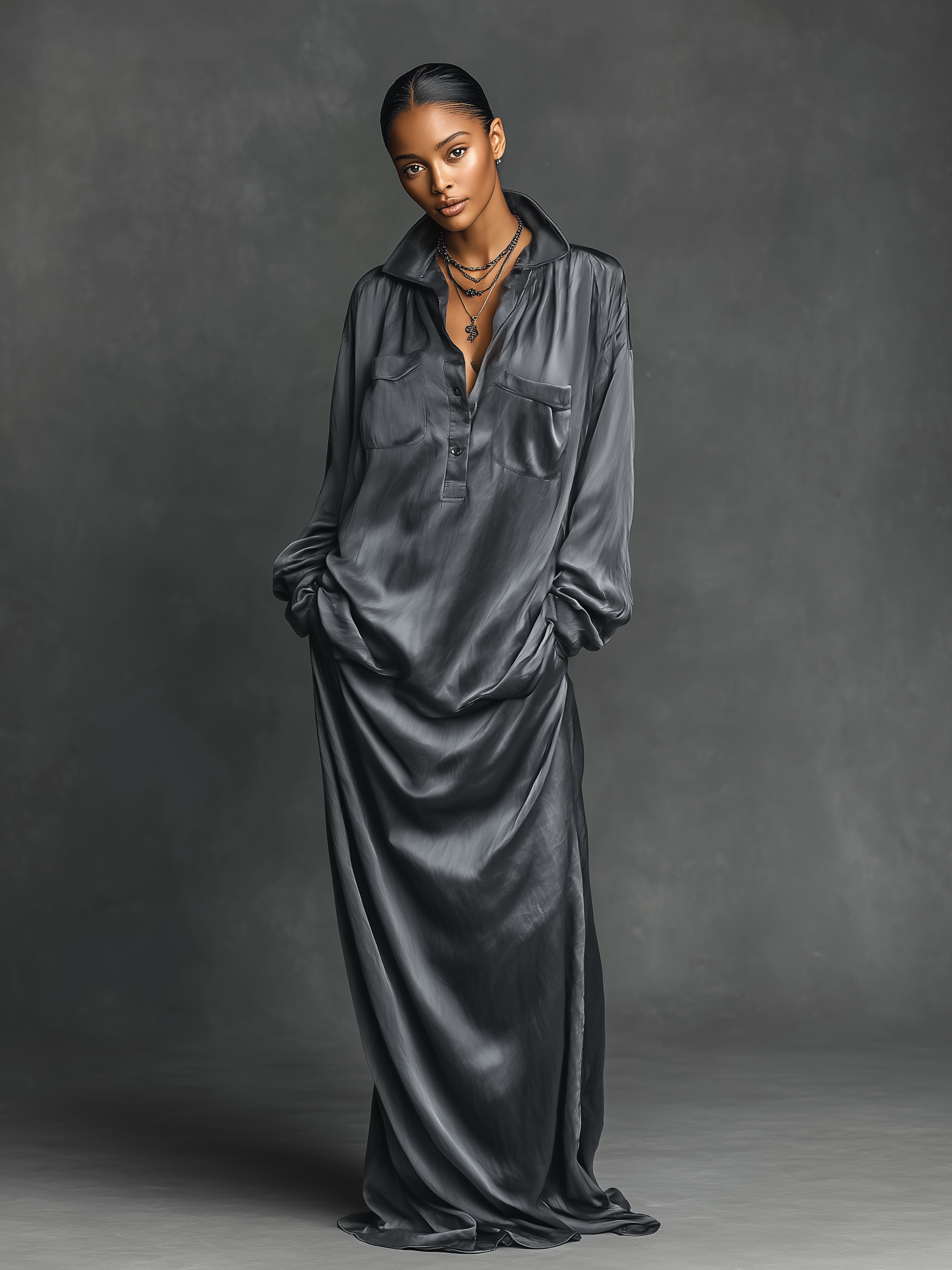 Women's Loose Satin Shirt Collar Maxi Dress MDA0649K4Y