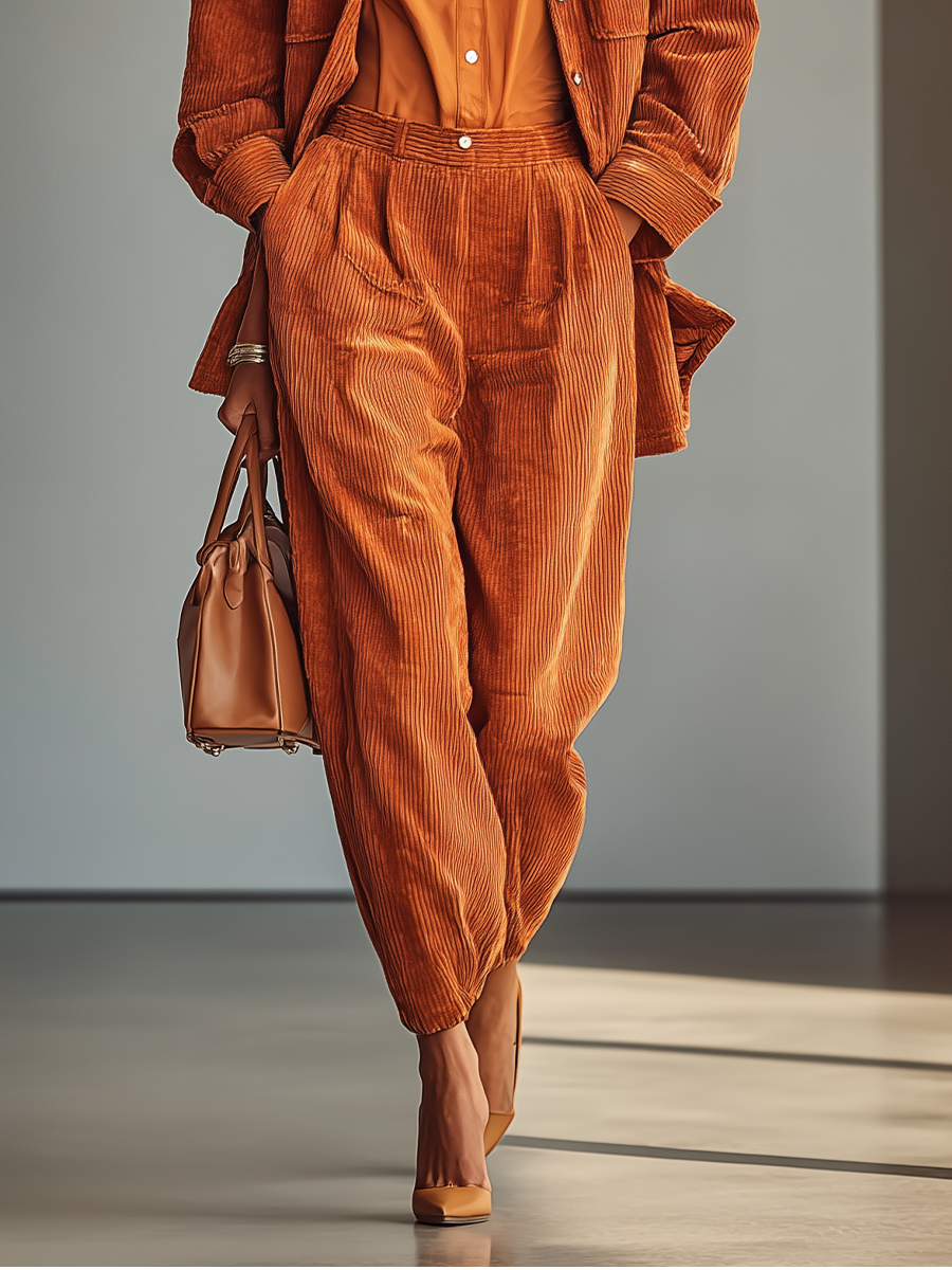 Women's Caramel Corduroy Casual Jacket And Pants Set MDA1739I7T