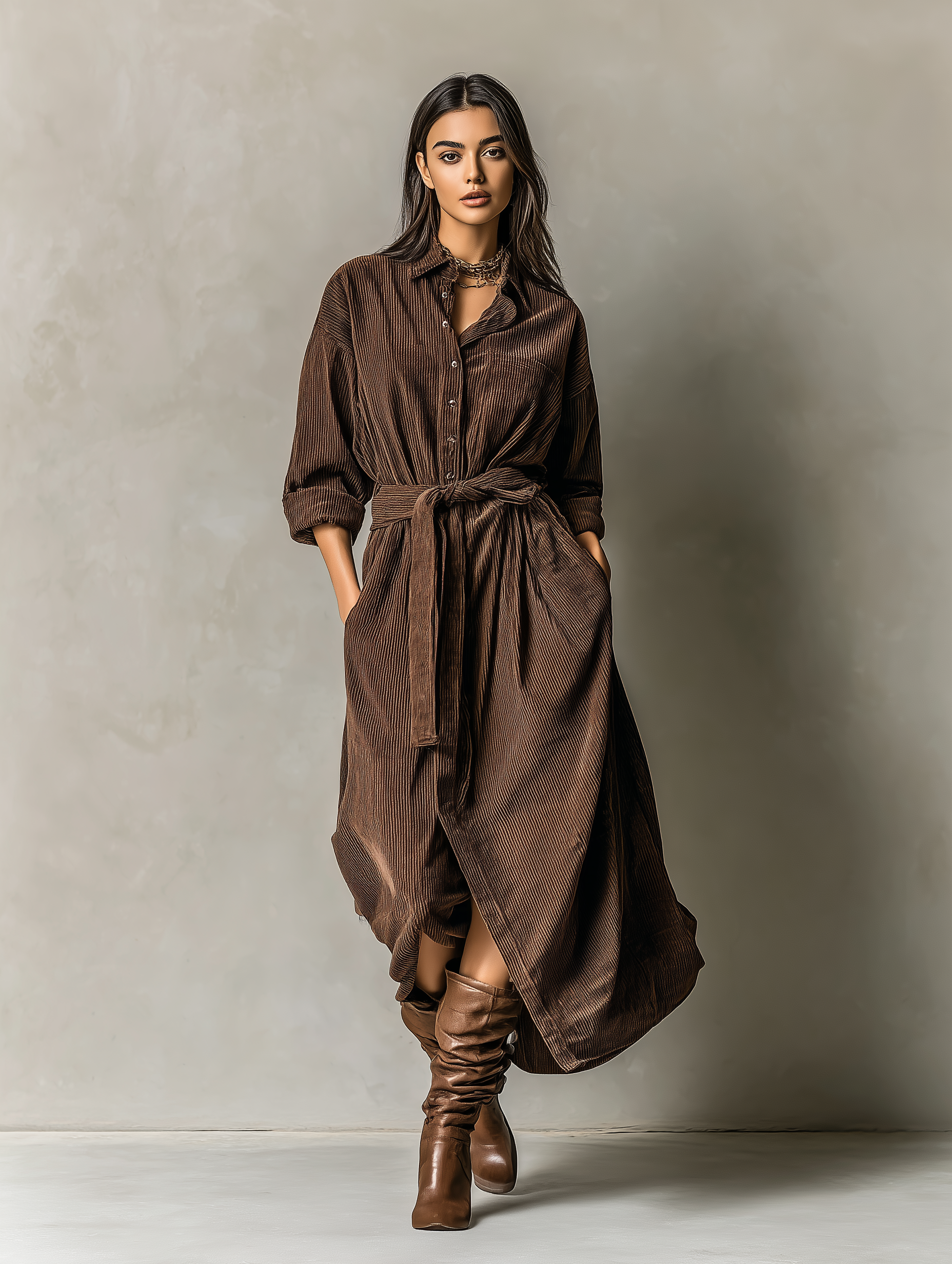 Women's Elegant Dark Brown Corduroy Long-sleeved Button-down Shirt Dress With Belt MDA1528L8AN