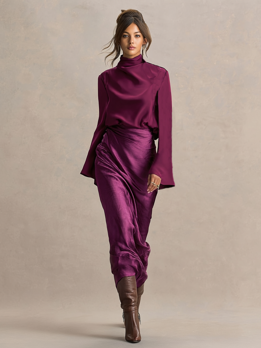 Women's Elegant Half-high Collar Trumpet Sleeve Blouse Satin Skirt Set MDA2492I1Y