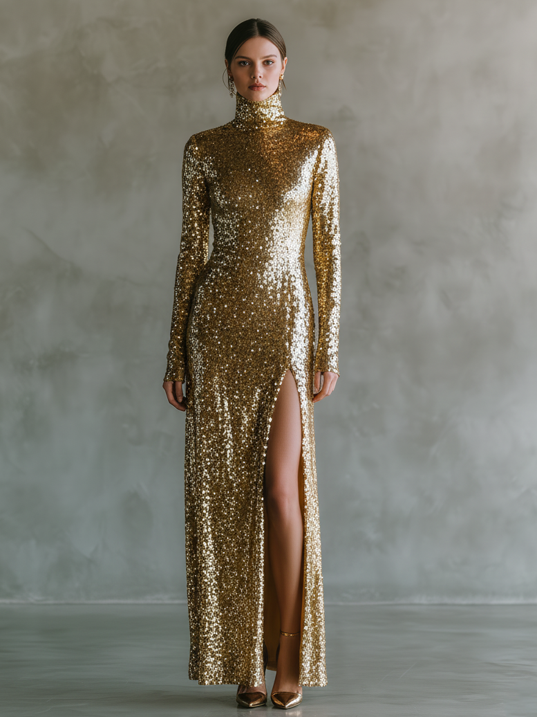 Women's Minimalist Sequined Straight-cut Maxi Dress With Side Slit MDA2865K7Y