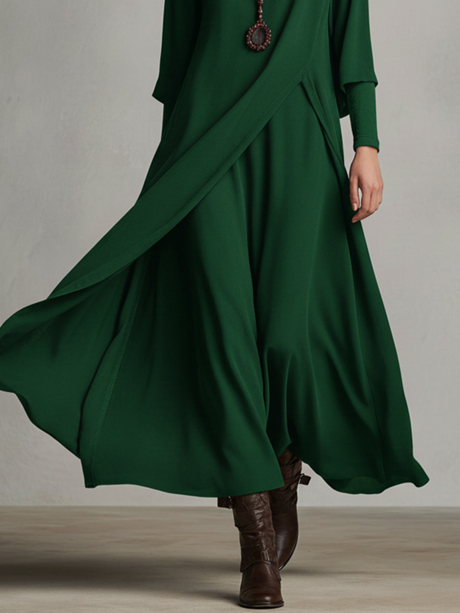 Women's Green Flowy Knit Elegant Maxi Dress With Cowl Neck & Draped Detailing, Boho-Chic Style Dress MDA3044J9I