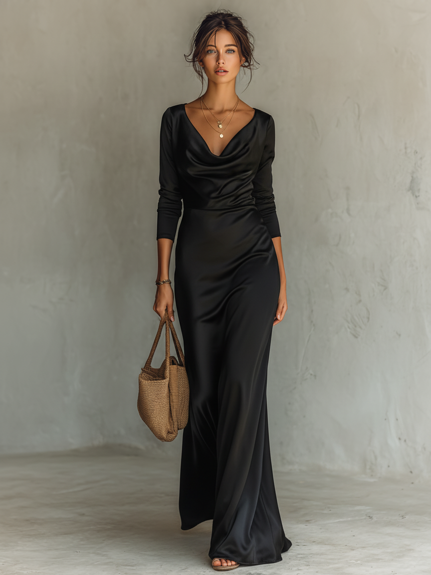 Women's Minimalist Satin Cowl Neck Maxi Dress MDA1725L0Y