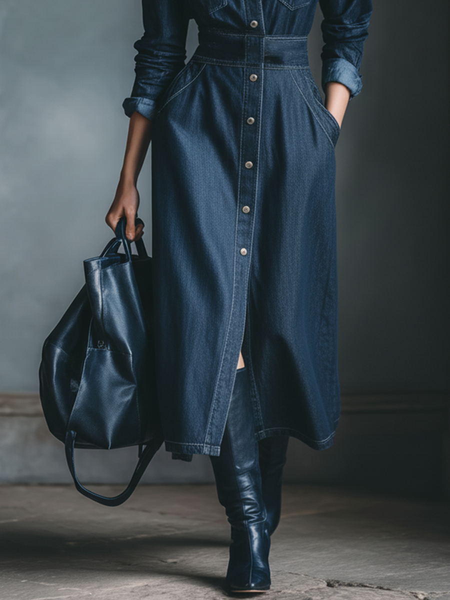 Women's Deep Indigo Denim Long-Sleeved Fitted Waist Workwear Style Dress MDA1768K3T