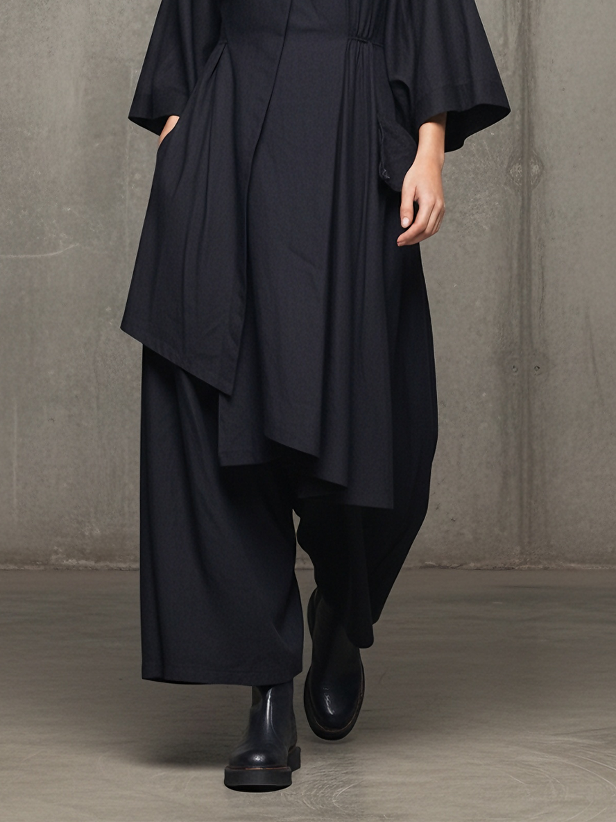 Women's Minimalist Cotton-Linen Blend Black Oversized Asymmetric Tunic & Wide-Leg Pants Set MDA1582L7AU