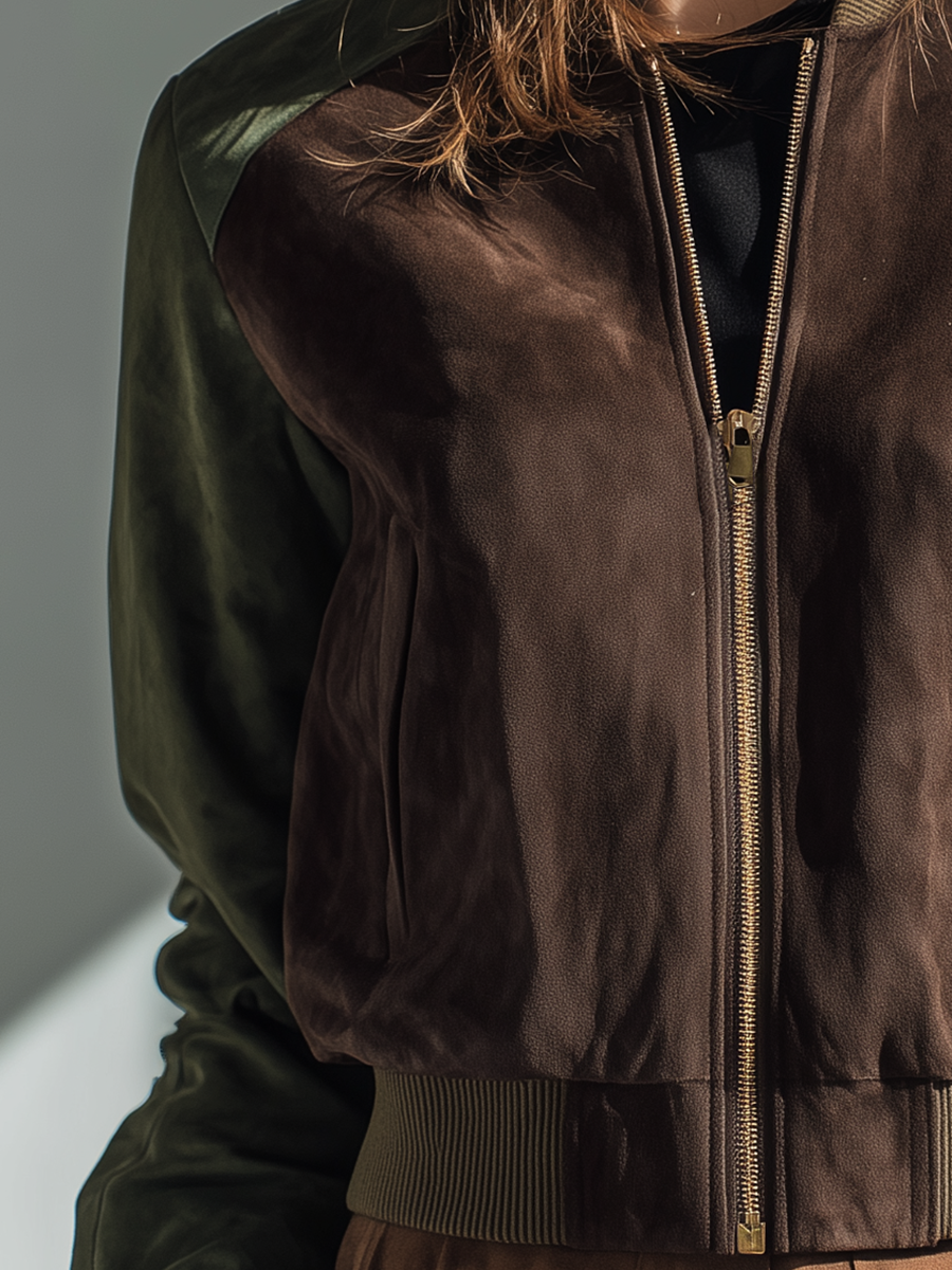 Women's Brown And Green Color-blocked Faux Suede Zip-up Bomber Jacket MDA0778K7T