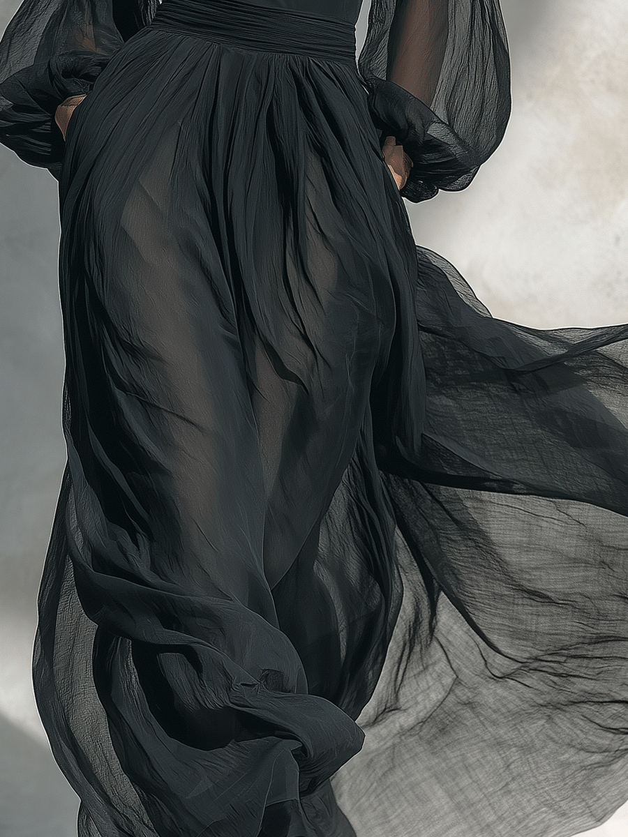 Women's Black Chiffon Long-Sleeved Maxi Dress MDA2830G8I